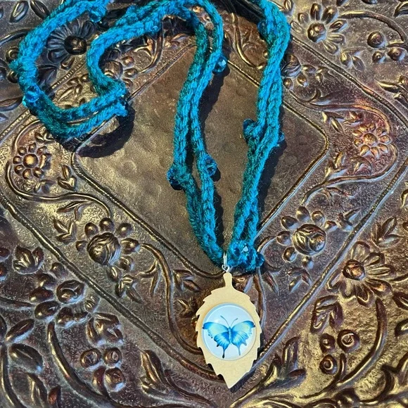 Handmade Crochet Beaded Butterfly Pendant Necklace Cottagecore - Picture 10 of 13